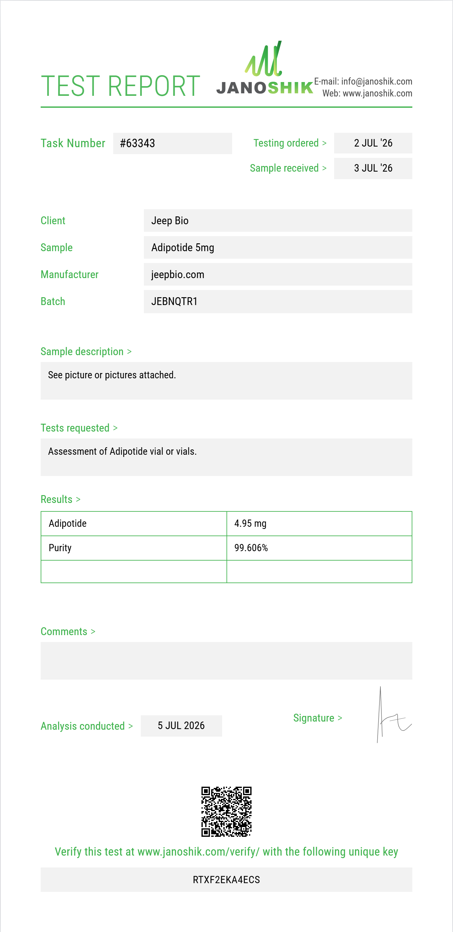 Adipotide Purity (HPLC) report by Janoshik Analytical