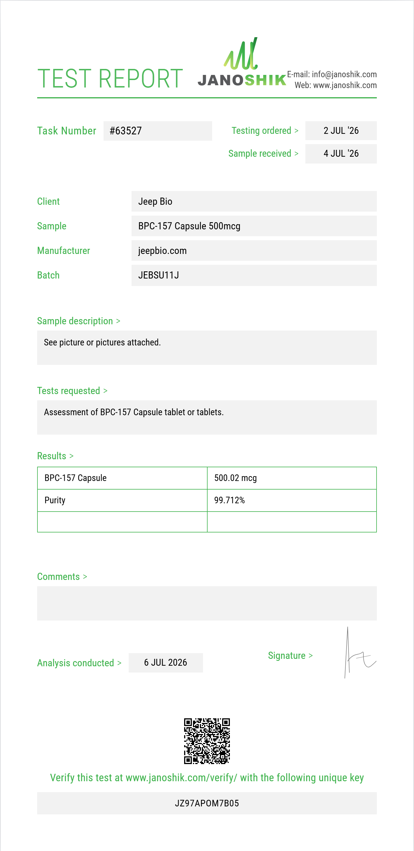 BPC-157 Capsule Purity (HPLC) report by Janoshik Analytical