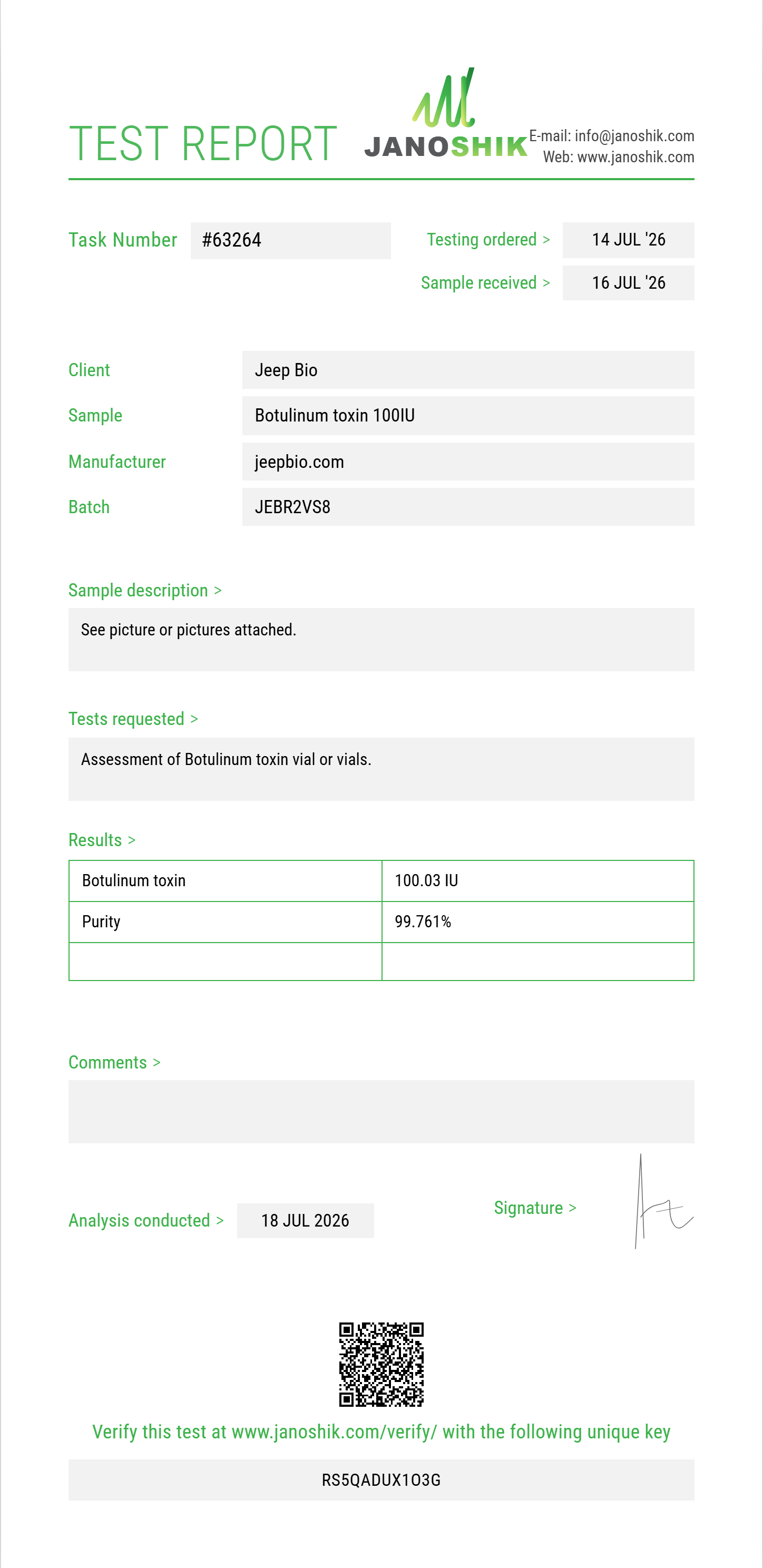 Botulinum toxin Purity (HPLC) report by Janoshik Analytical