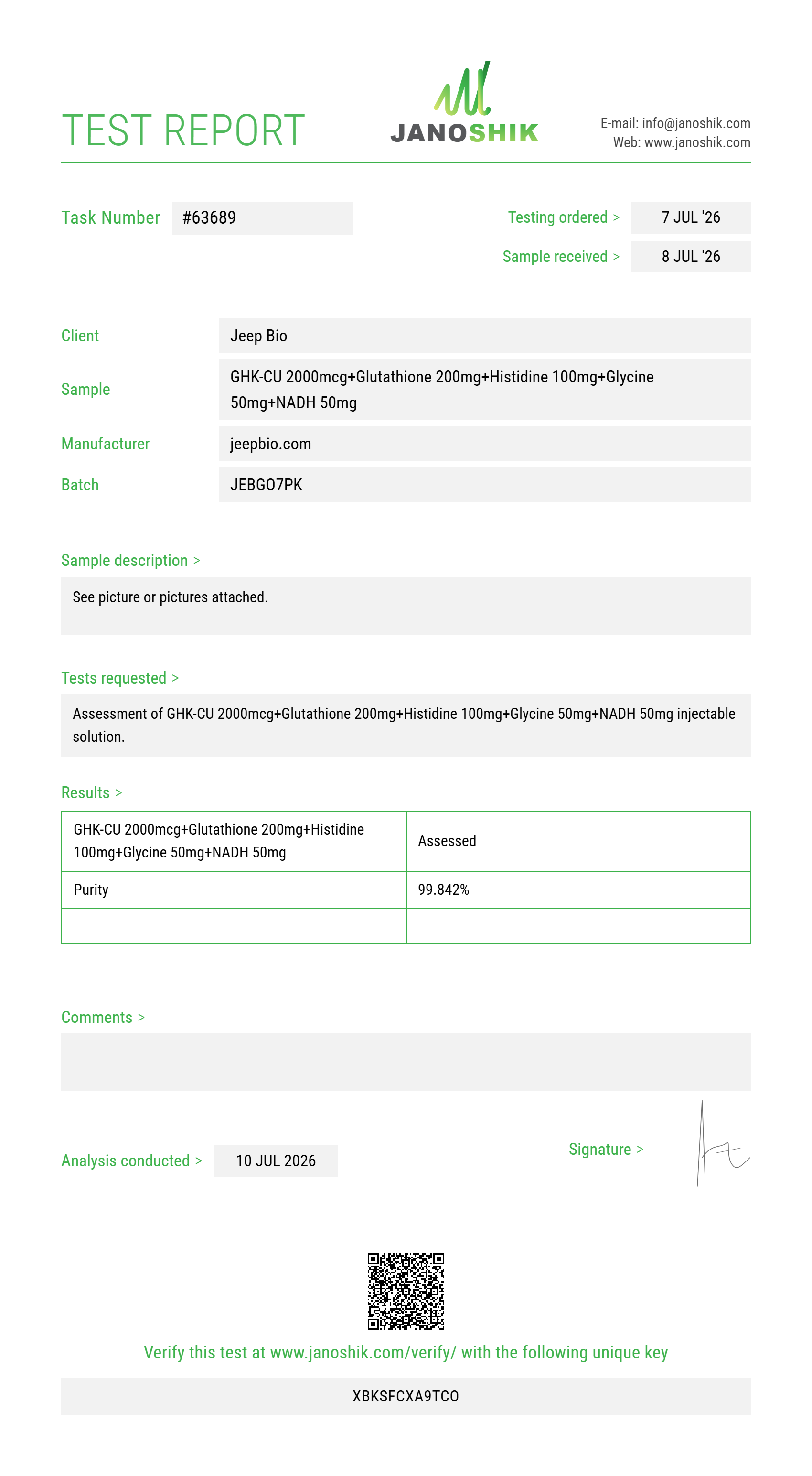 GHK-CU 2000mcg+Glutathione 200mg+Histidine 100mg+Glycine 50mg+NADH 50mg Purity (HPLC) report by Janoshik Analytical