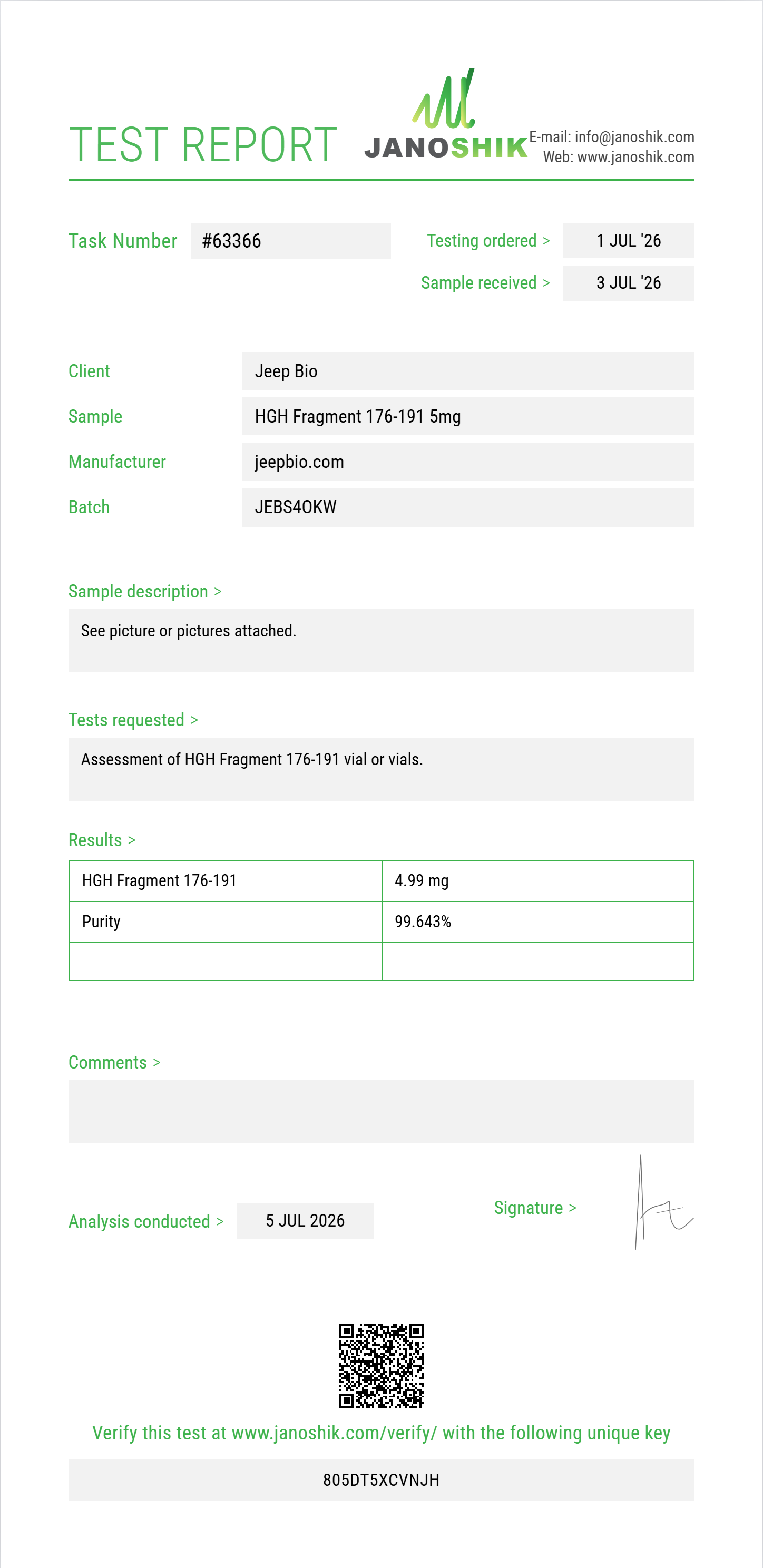 HGH Fragment 176-191 Purity (HPLC) report by Janoshik Analytical