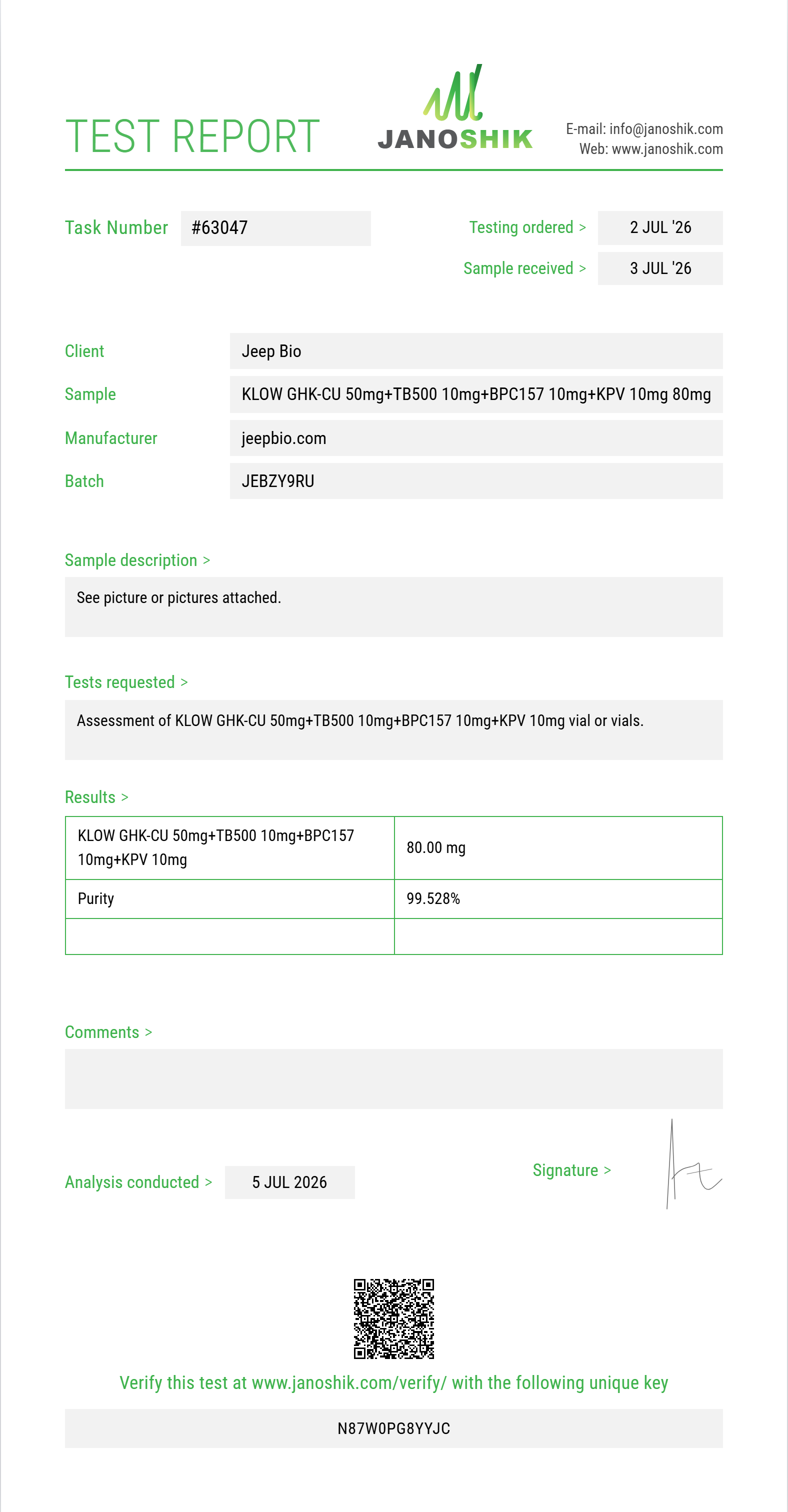 KLOW GHK-CU 50mg+TB500 10mg+BPC157 10mg+KPV 10mg Purity (HPLC) report by Janoshik Analytical