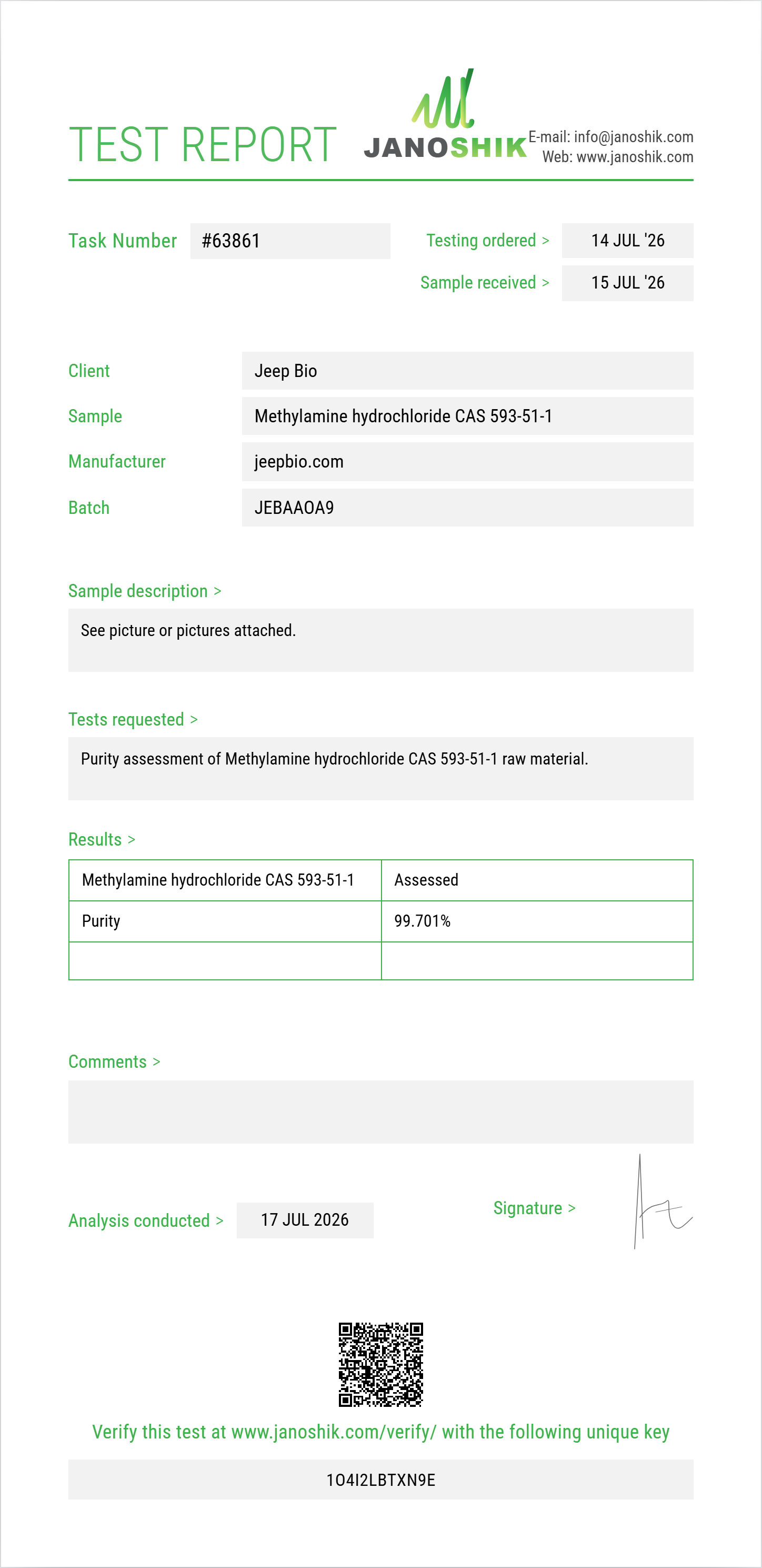 Methylamine hydrochloride CAS 593-51-1 Purity (HPLC) report by Janoshik Analytical