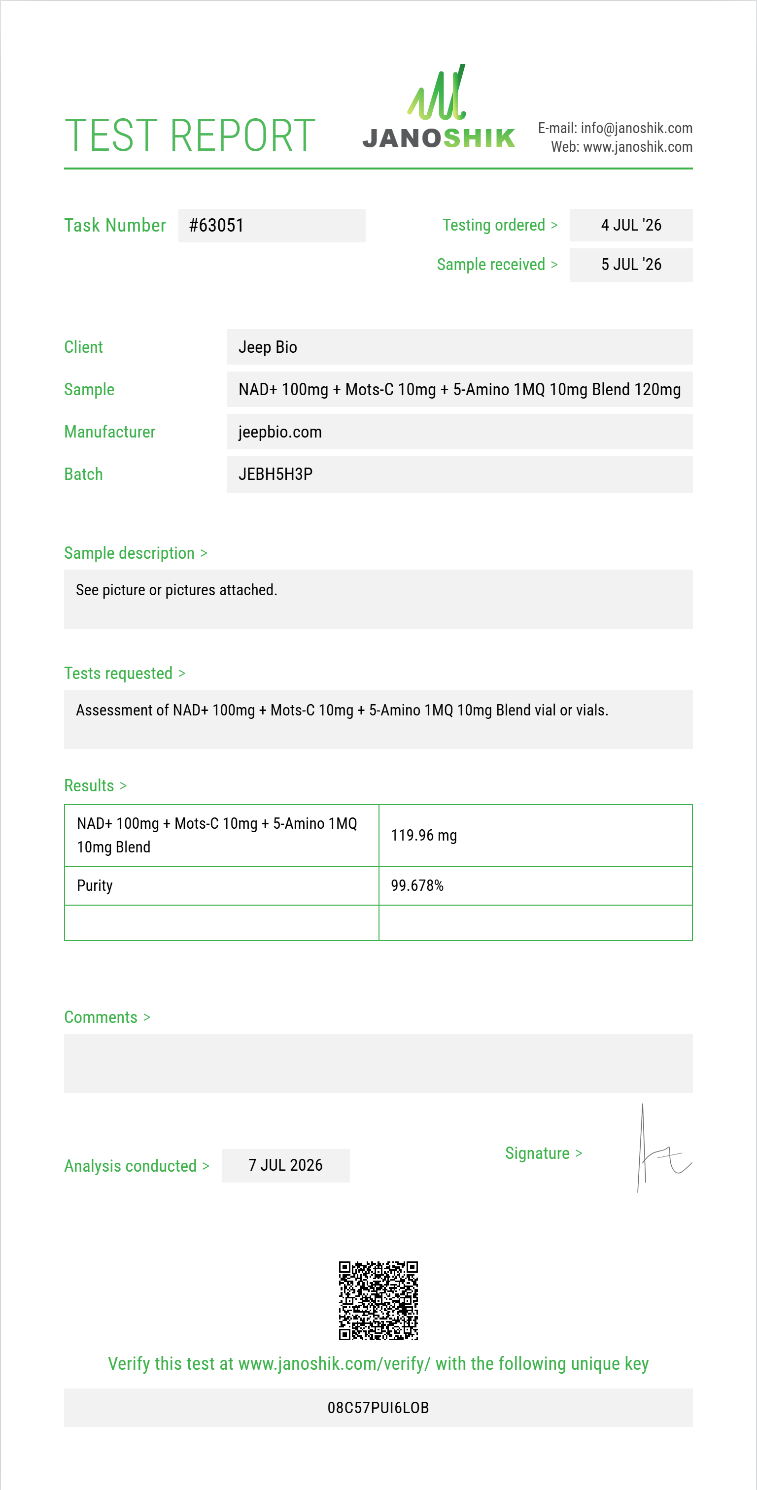 NAD+ 100mg + Mots-C 10mg + 5-Amino 1MQ 10mg Blend Purity (HPLC) report by Janoshik Analytical