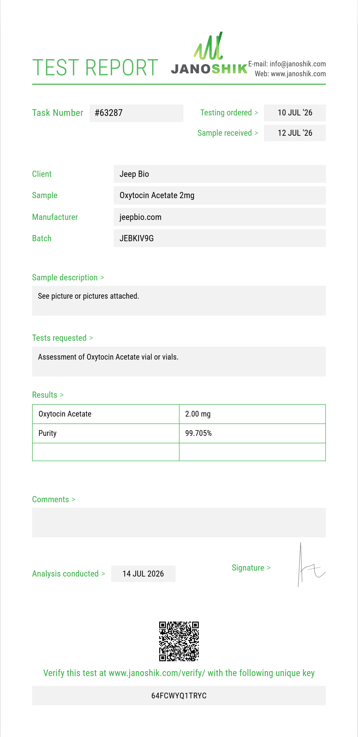 Oxytocin Acetate Purity (HPLC) report by Janoshik Analytical
