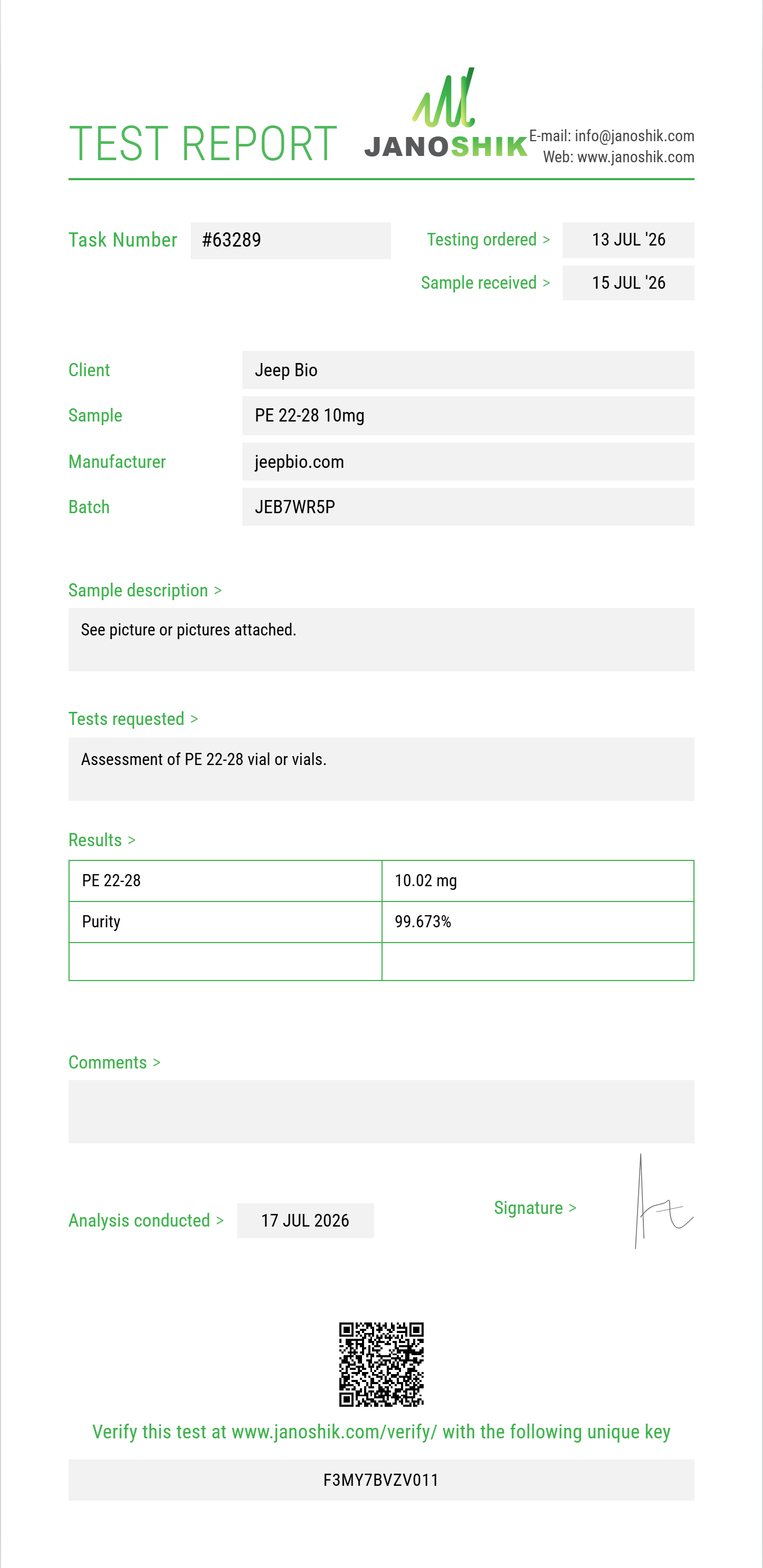 PE 22-28 Purity (HPLC) report by Janoshik Analytical