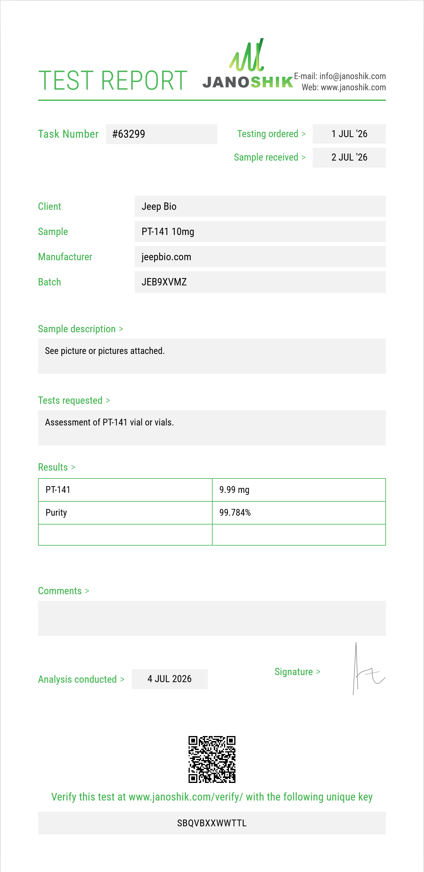PT-141 Purity (HPLC) report by Janoshik Analytical