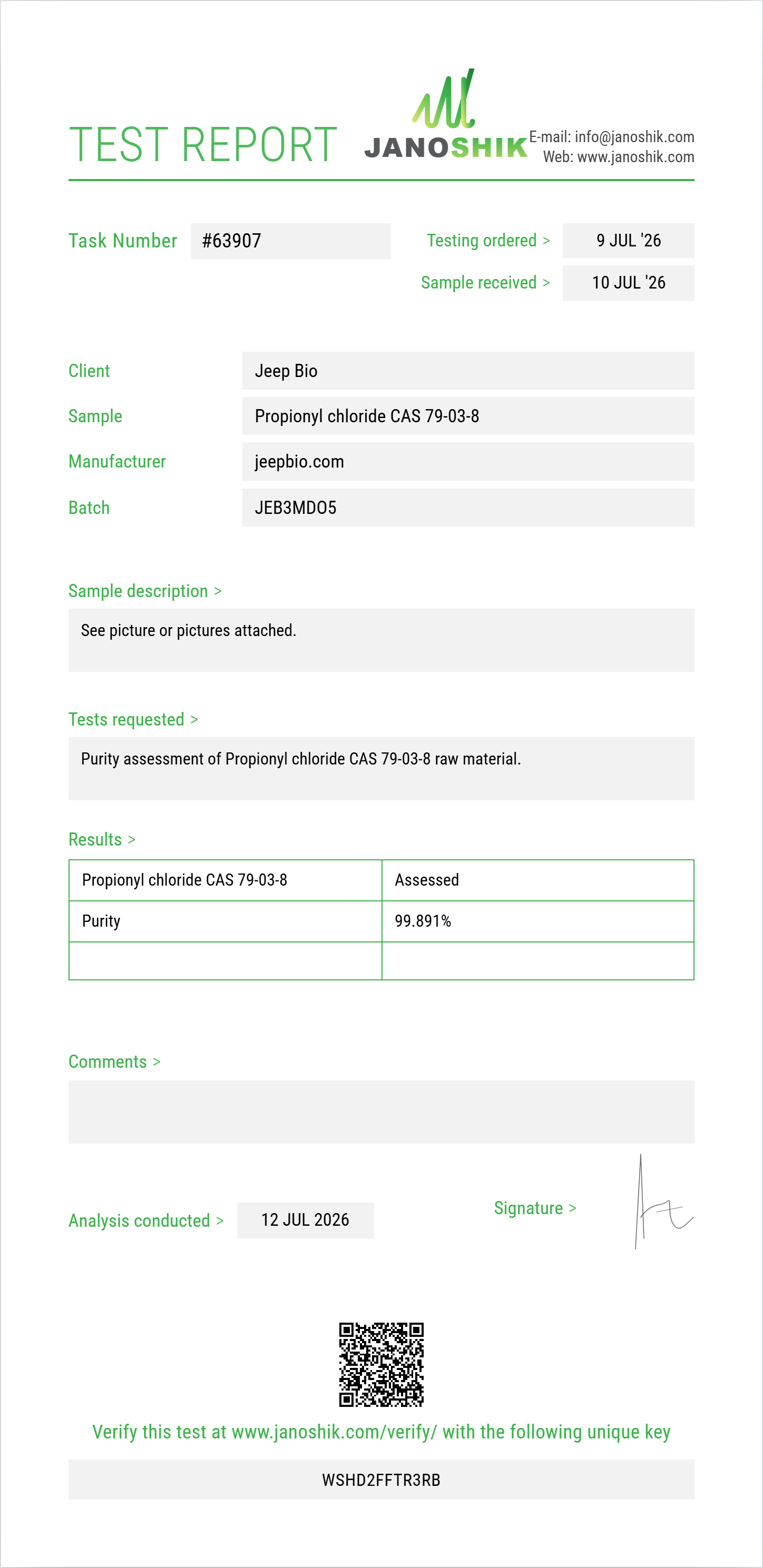Propionyl chloride CAS 79-03-8 Purity (HPLC) report by Janoshik Analytical