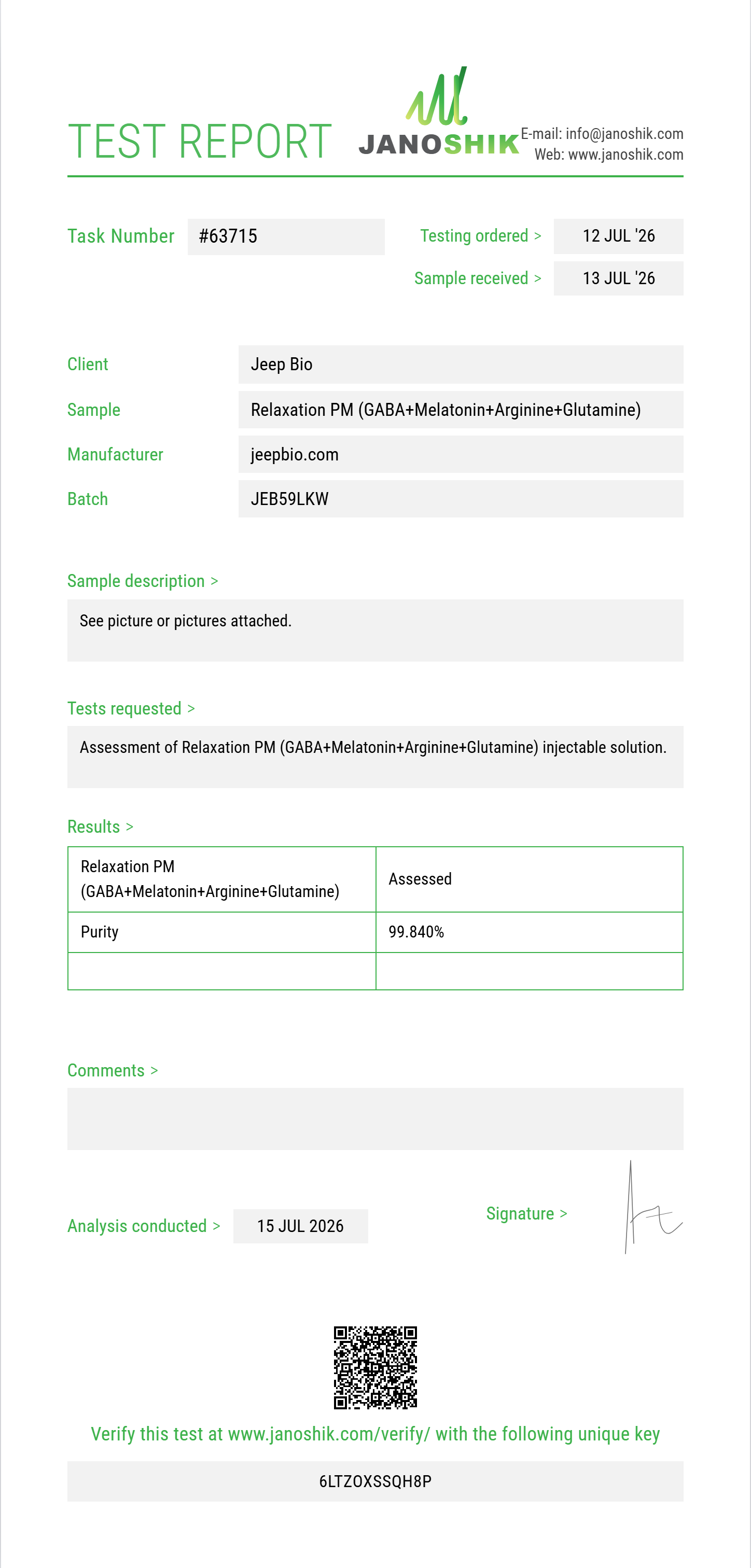 Relaxation PM (GABA 100mg+Melatonin 1mg+Arginine 100mg+Glutamine 25mg) Purity (HPLC) report by Janoshik Analytical