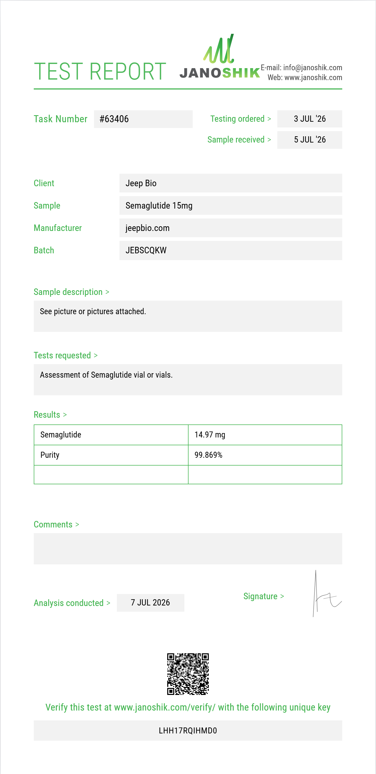 Semaglutide Purity (HPLC) report by Janoshik Analytical