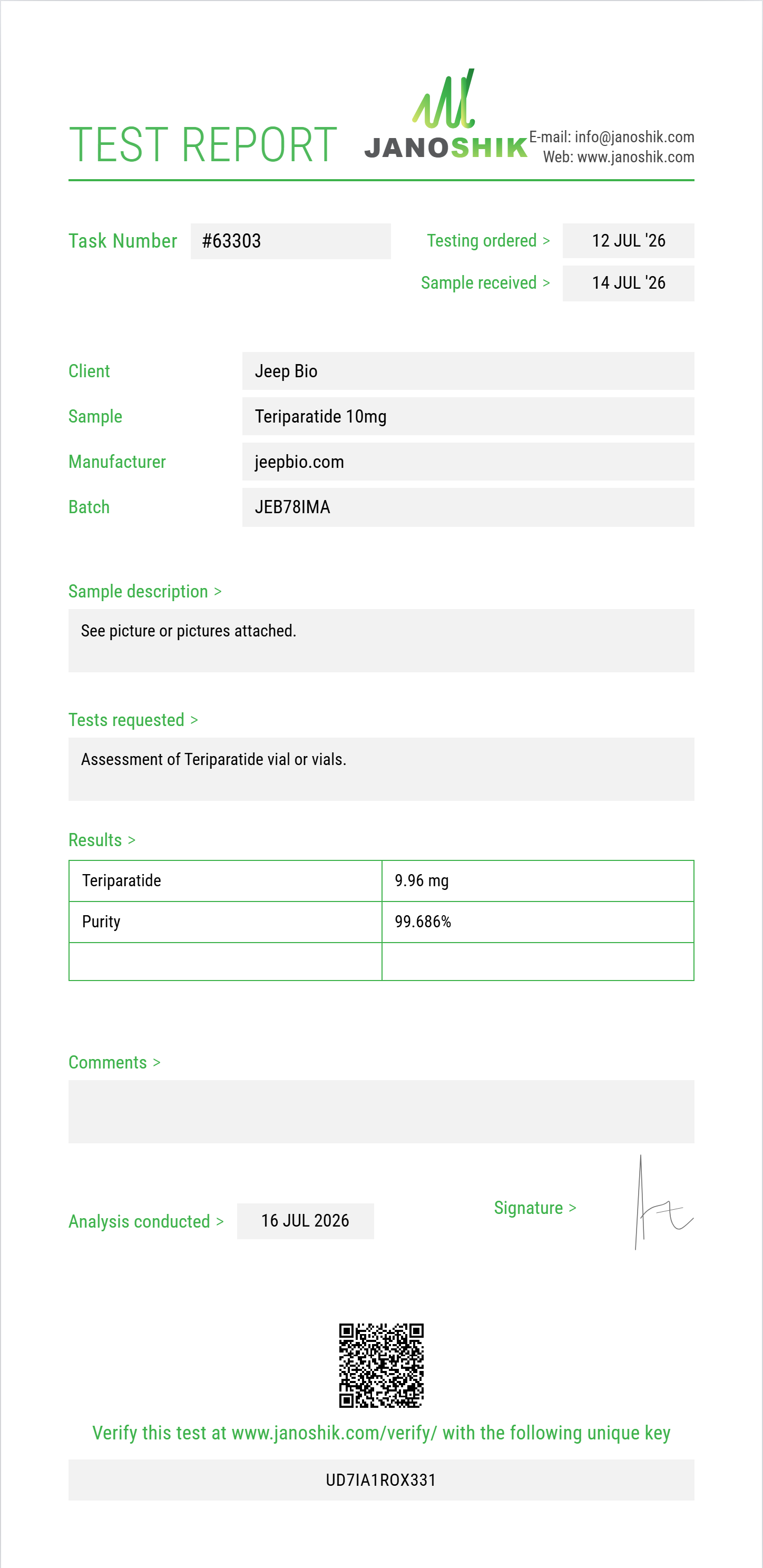 Teriparatide Purity (HPLC) report by Janoshik Analytical