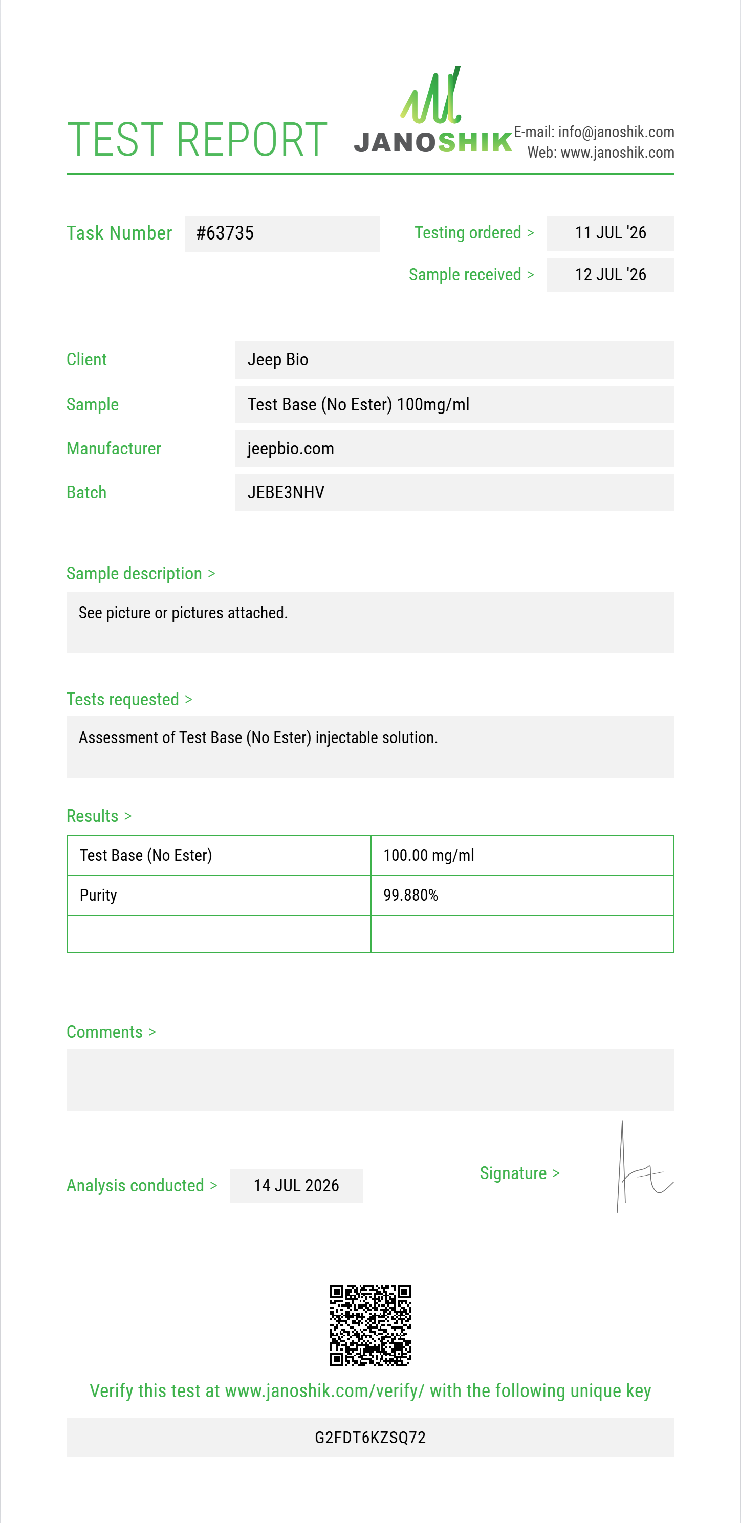 Test Base (No Ester) Purity (HPLC) report by Janoshik Analytical