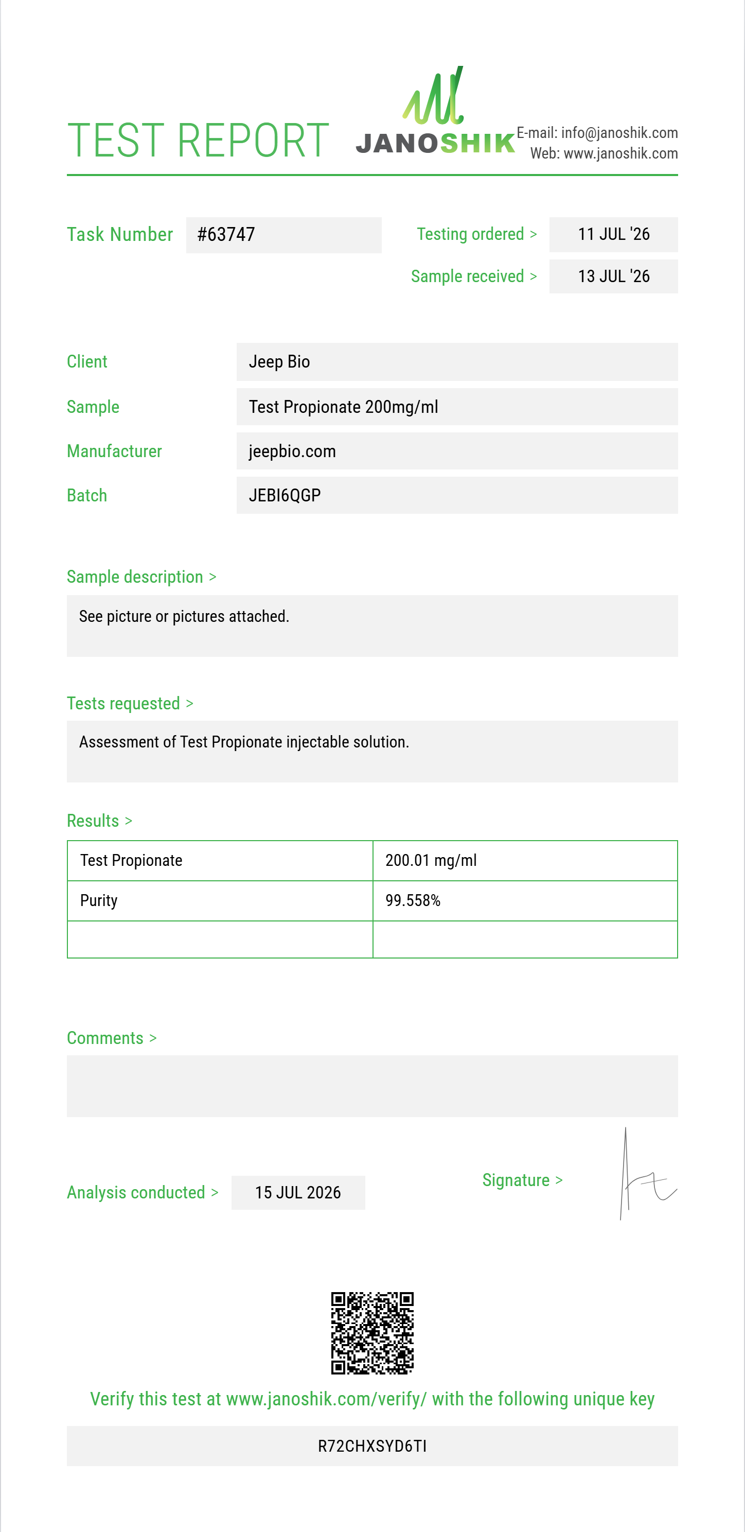 Test Propionate Purity (HPLC) report by Janoshik Analytical
