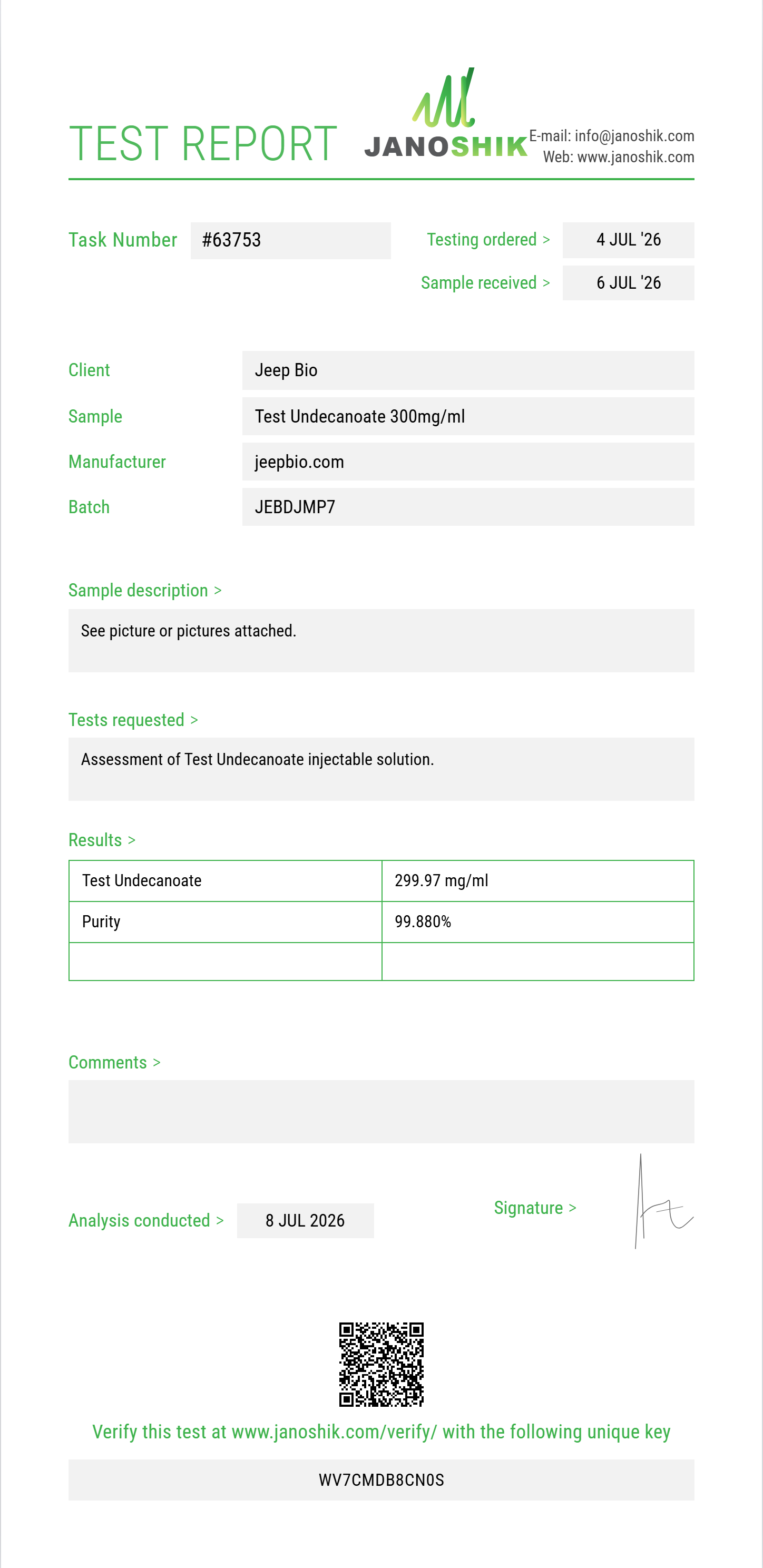 Test Undecanoate Purity (HPLC) report by Janoshik Analytical