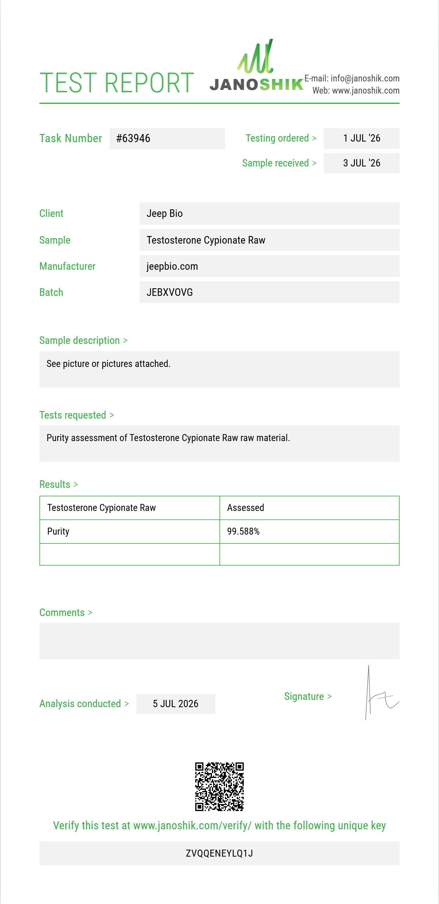 Testosterone Cypionate Raw Purity (HPLC) report by Janoshik Analytical