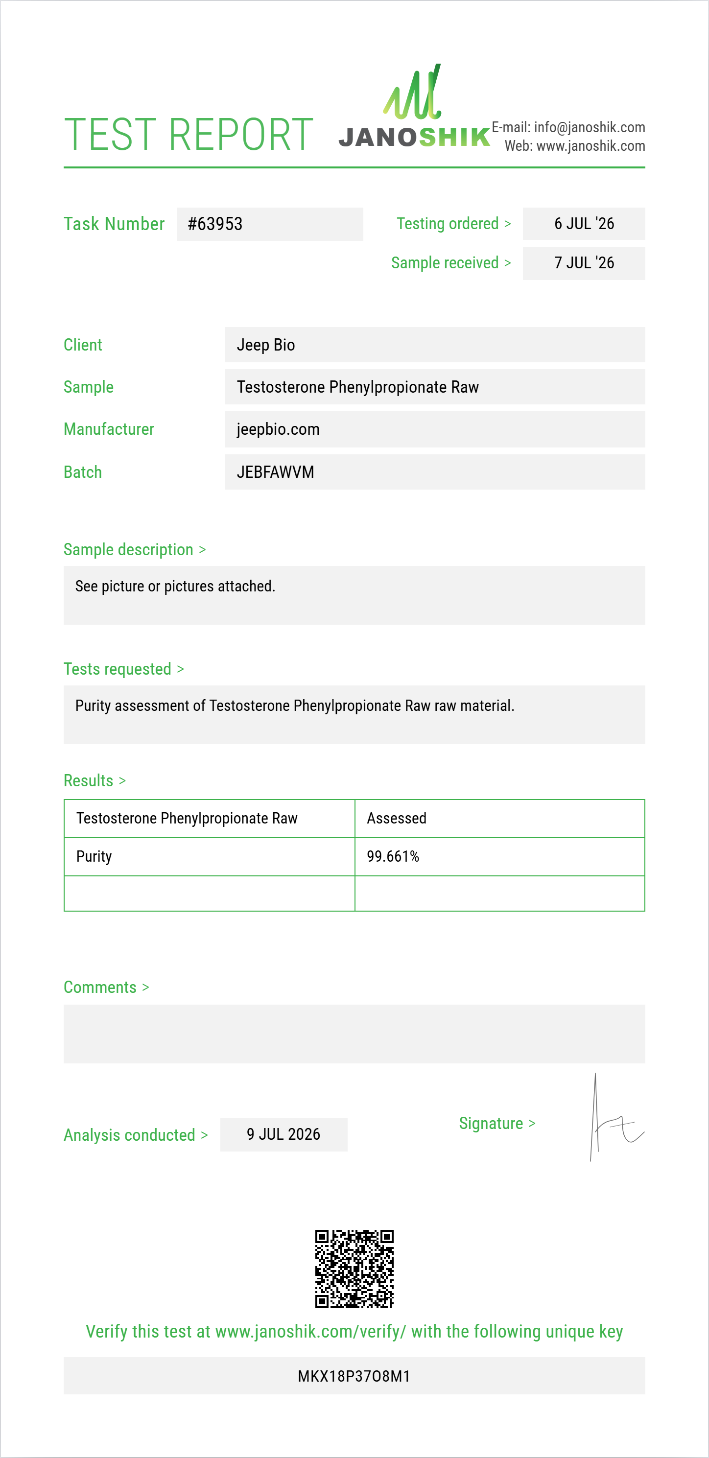 Testosterone Phenylpropionate Raw Purity (HPLC) report by Janoshik Analytical