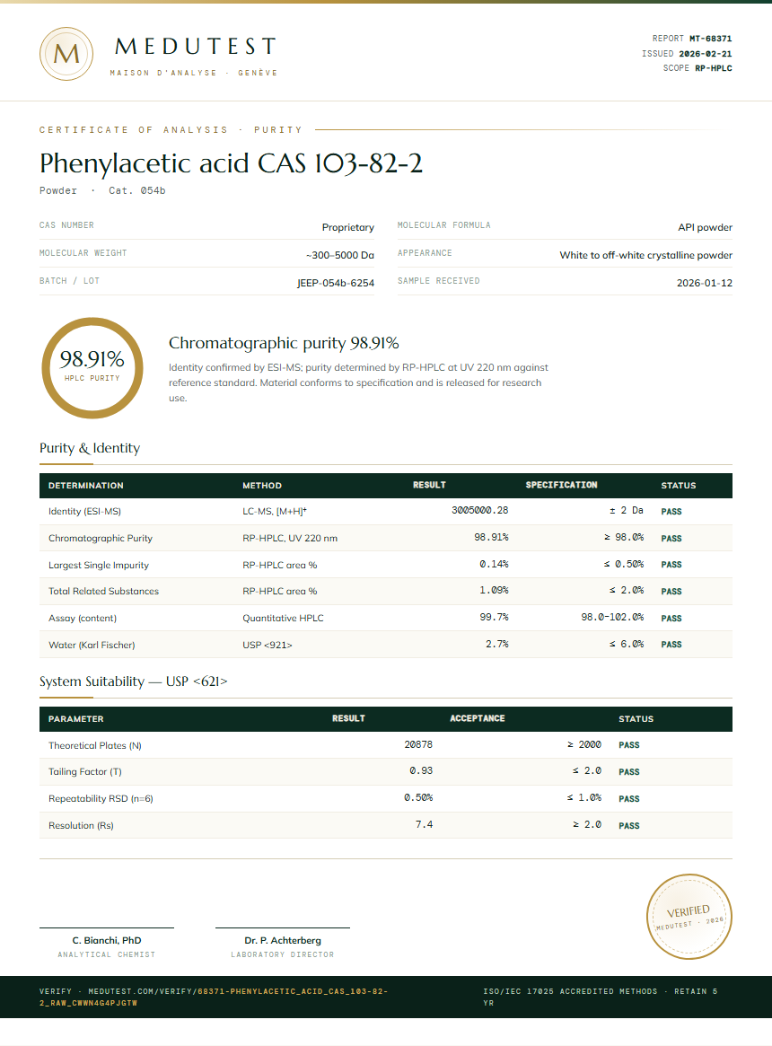 Phenylacetic acid CAS 103-82-2 Purity Test Report by Medutest