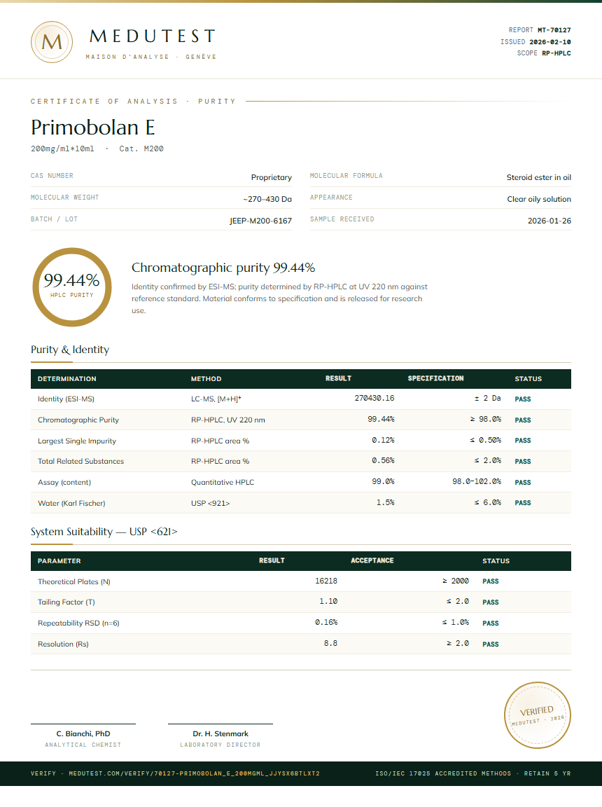 Primobolan E Purity Test Report by Medutest