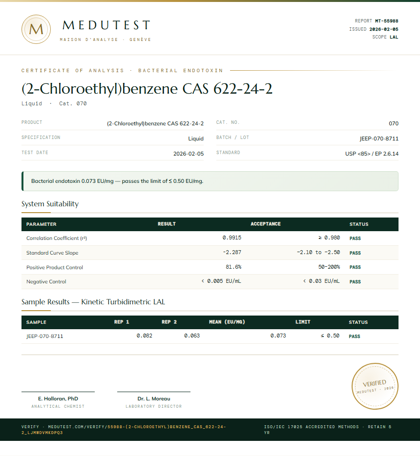 (2-Chloroethyl)benzene CAS 622-24-2 Endotoxin report by Medutest