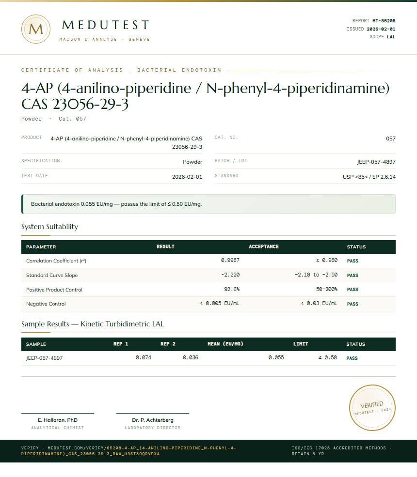 4-AP (4-anilino-piperidine / N-phenyl-4-piperidinamine) CAS 23056-29-3 Endotoxin report by Medutest