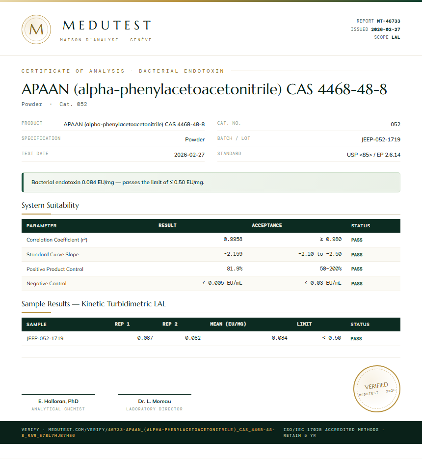 APAAN (alpha-phenylacetoacetonitrile) CAS 4468-48-8 Endotoxin report by Medutest