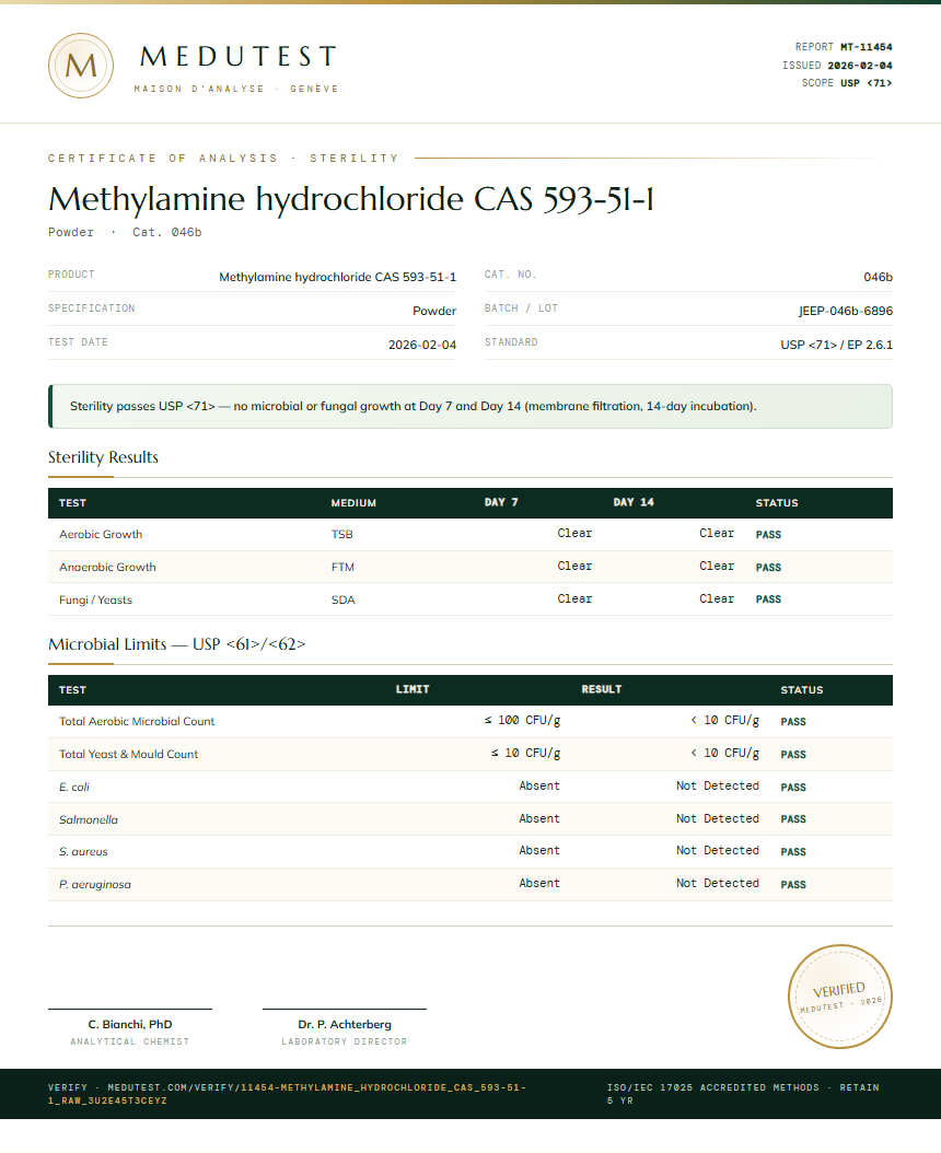 Methylamine hydrochloride CAS 593-51-1 Sterility report by Medutest