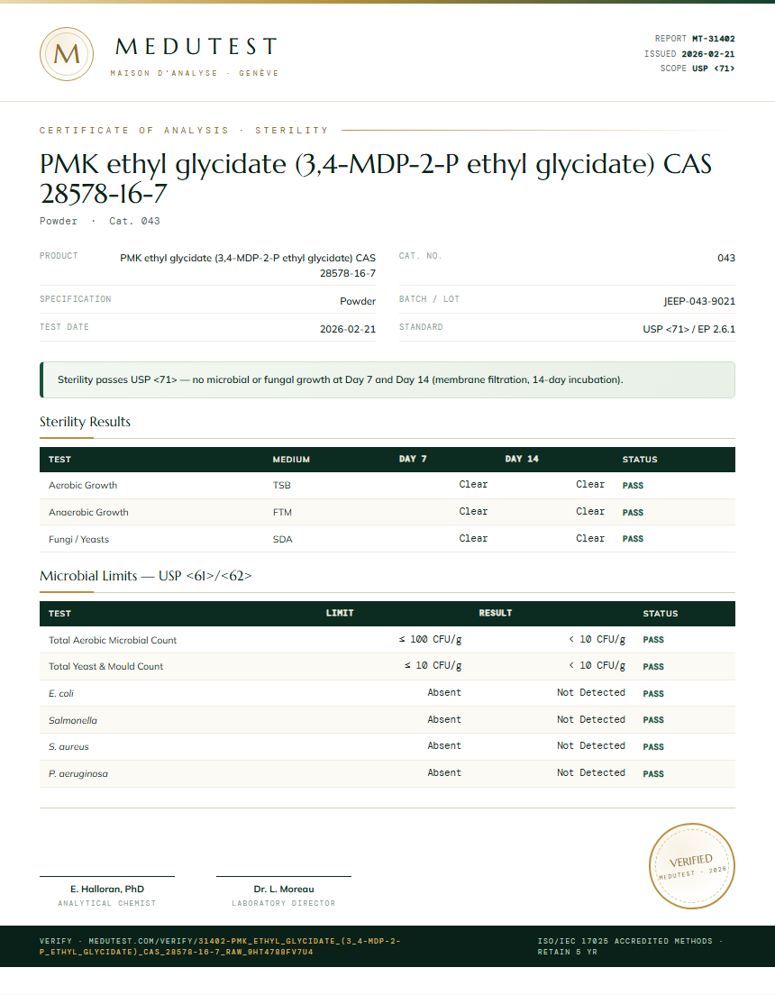 PMK ethyl glycidate (3,4-MDP-2-P ethyl glycidate) CAS 28578-16-7 Sterility report by Medutest