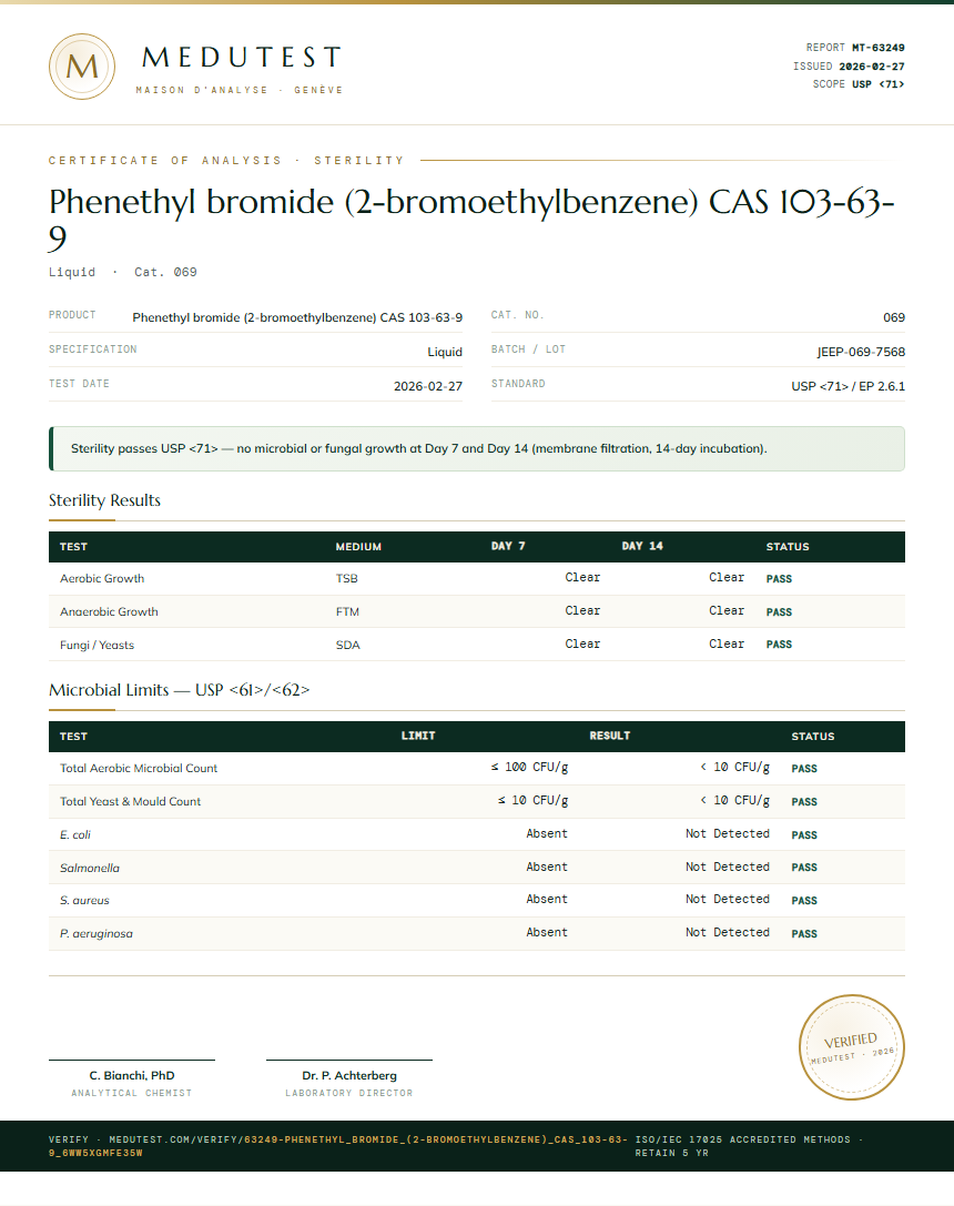 Phenethyl bromide (2-bromoethylbenzene) CAS 103-63-9 Sterility report by Medutest