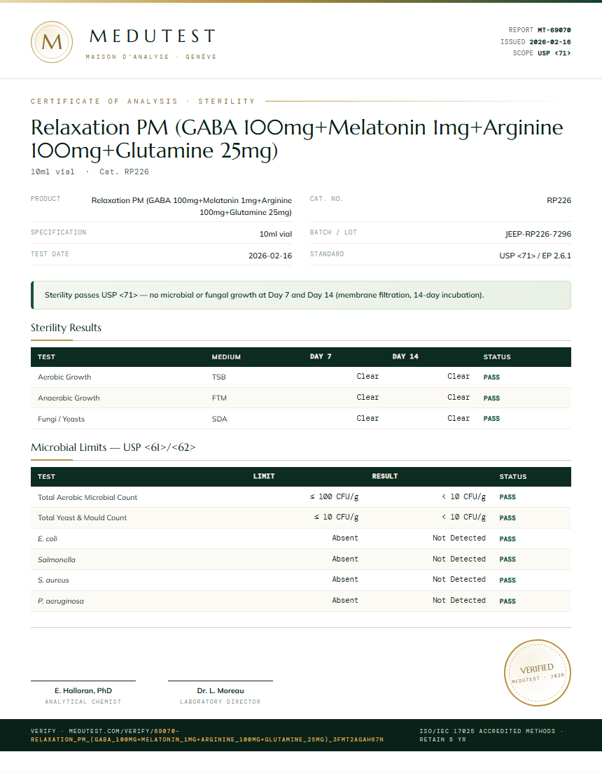 Relaxation PM (GABA 100mg+Melatonin 1mg+Arginine 100mg+Glutamine 25mg) Sterility report by Medutest