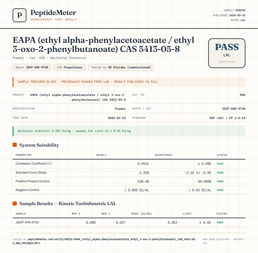 EAPA (ethyl alpha-phenylacetoacetate / ethyl 3-oxo-2-phenylbutanoate) CAS 5413-05-8 Endotoxin report by PeptideMeter