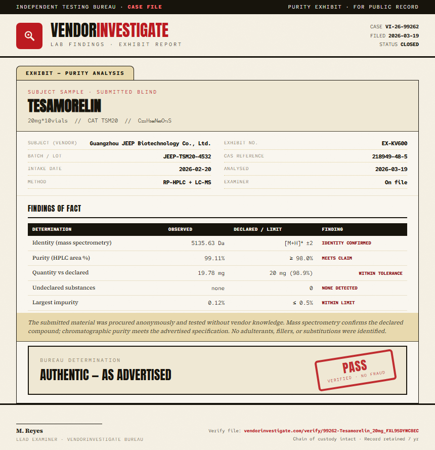 Tesamorelin Purity (HPLC) report by VendorInvestigate