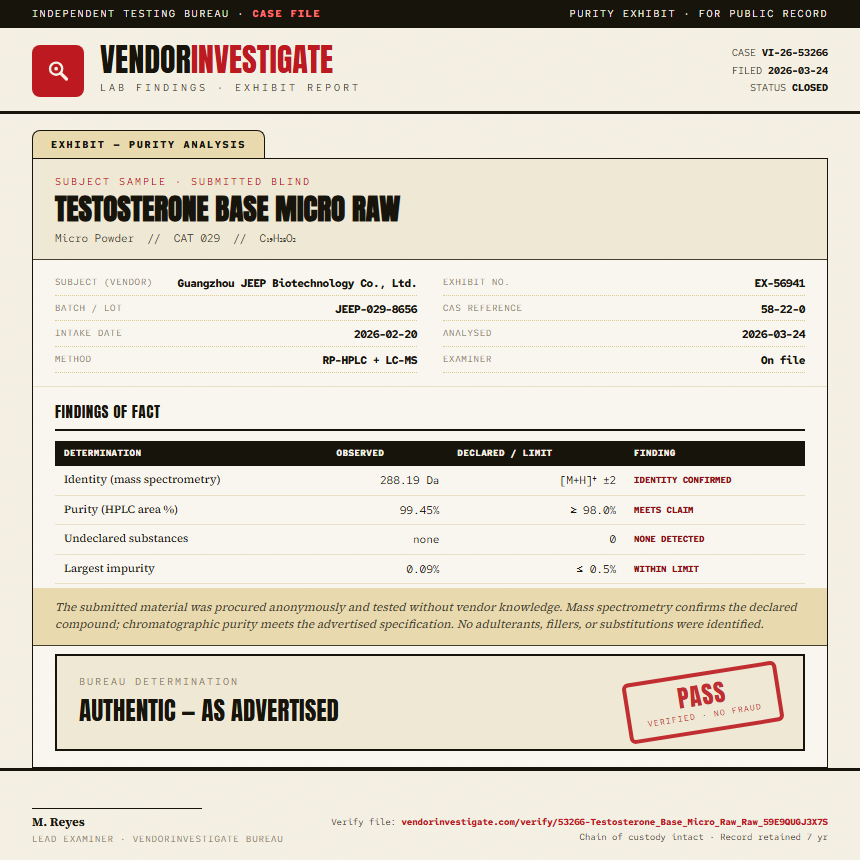 Testosterone Base Micro Raw Purity (HPLC) report by VendorInvestigate