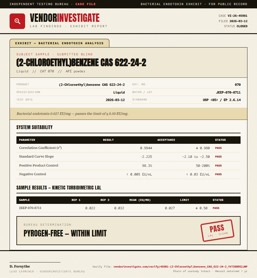 (2-Chloroethyl)benzene CAS 622-24-2 Endotoxin report by VendorInvestigate
