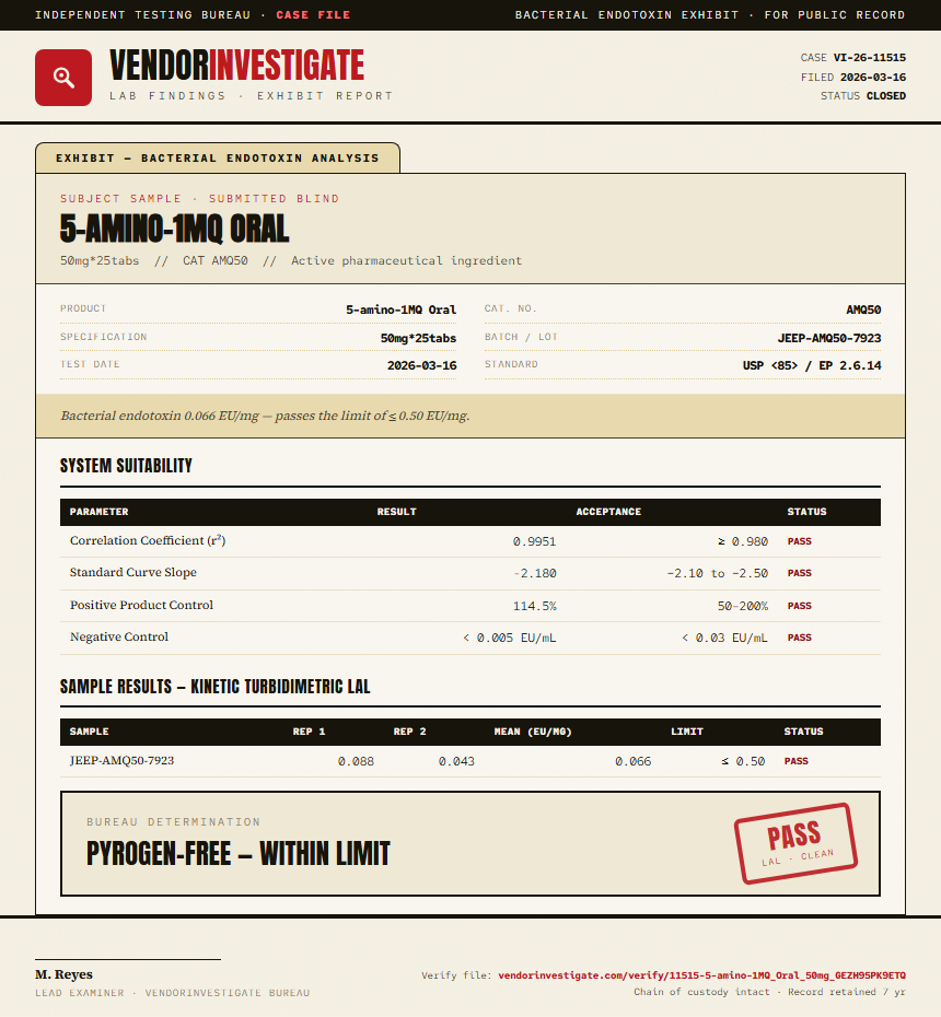 5-amino-1MQ Oral Endotoxin report by VendorInvestigate
