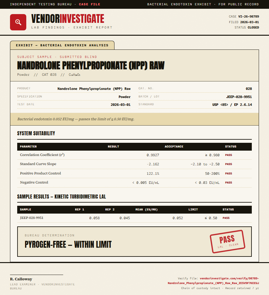 Nandrolone Phenylpropionate (NPP) Raw Endotoxin report by VendorInvestigate