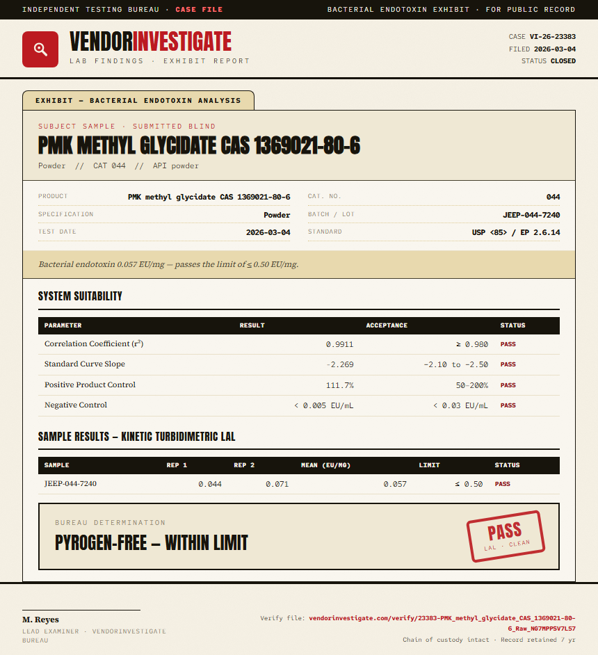 PMK methyl glycidate CAS 1369021-80-6 Endotoxin report by VendorInvestigate