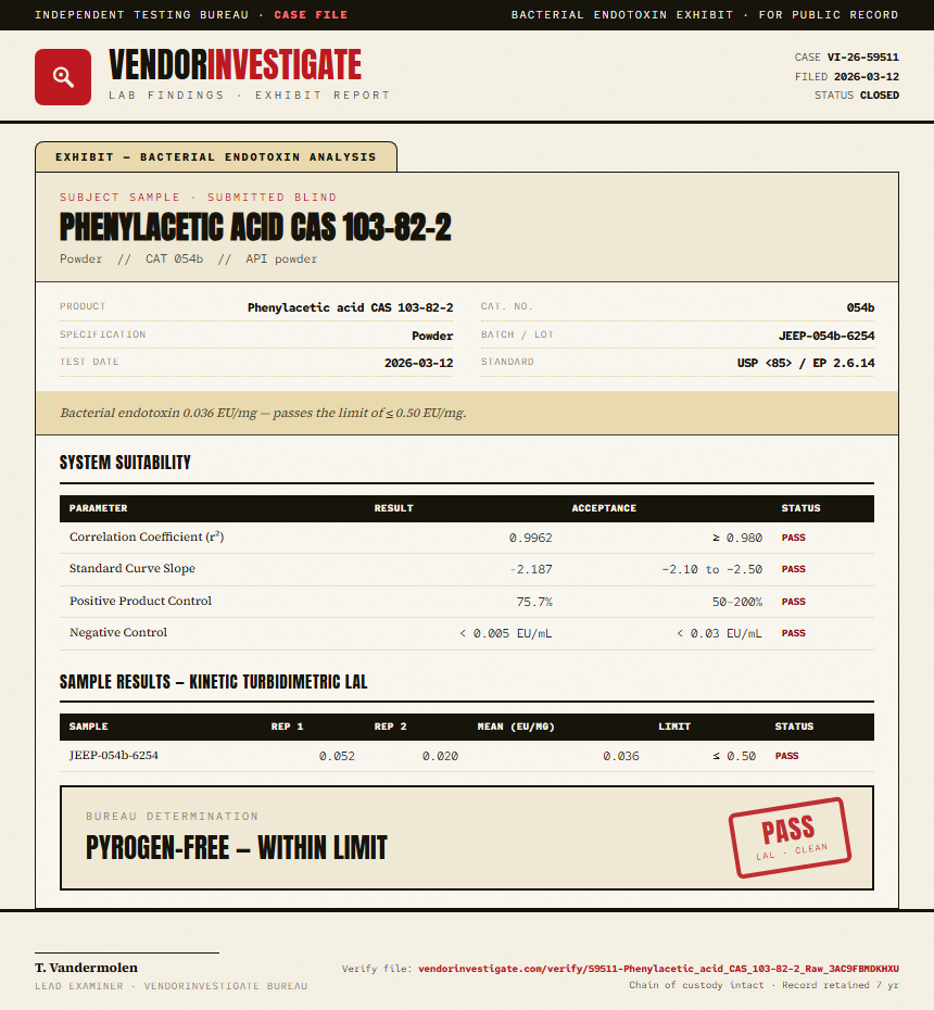 Phenylacetic acid CAS 103-82-2 Endotoxin report by VendorInvestigate