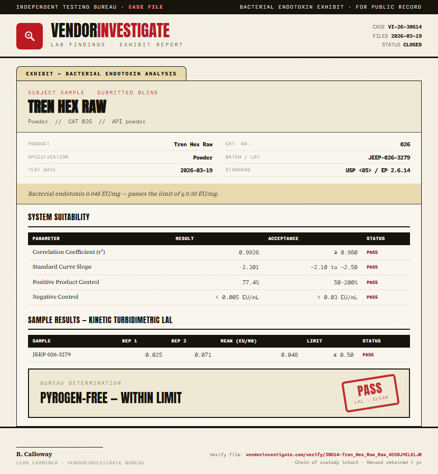 Tren Hex Raw Endotoxin report by VendorInvestigate