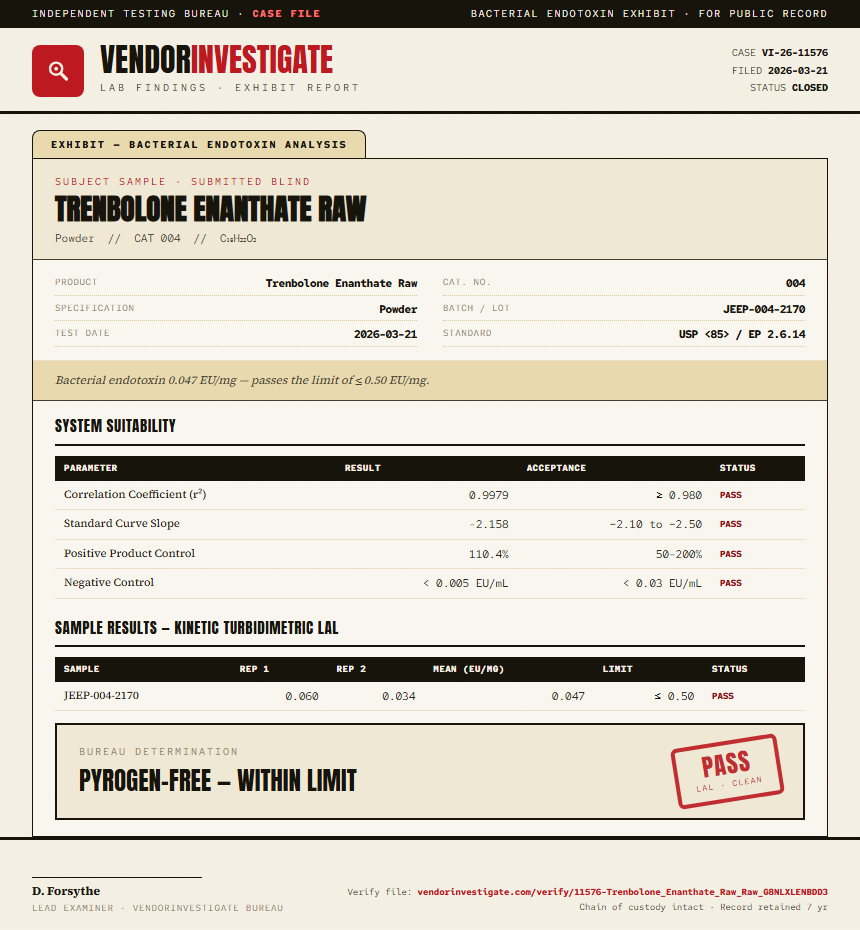 Trenbolone Enanthate Raw Endotoxin report by VendorInvestigate