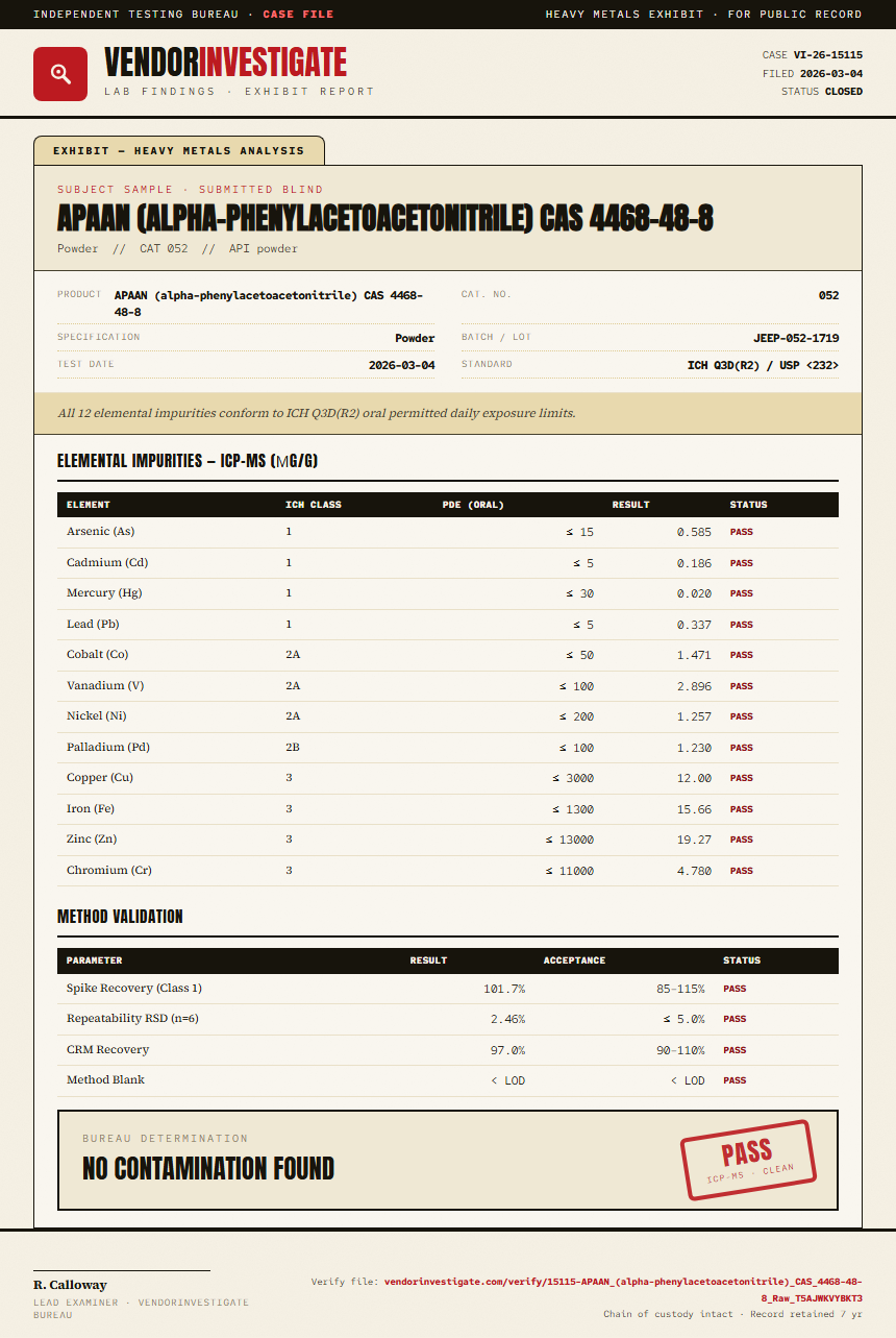 APAAN (alpha-phenylacetoacetonitrile) CAS 4468-48-8 Heavy Metals report by VendorInvestigate