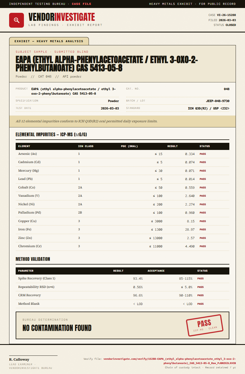 EAPA (ethyl alpha-phenylacetoacetate / ethyl 3-oxo-2-phenylbutanoate) CAS 5413-05-8 Heavy Metals report by VendorInvestigate