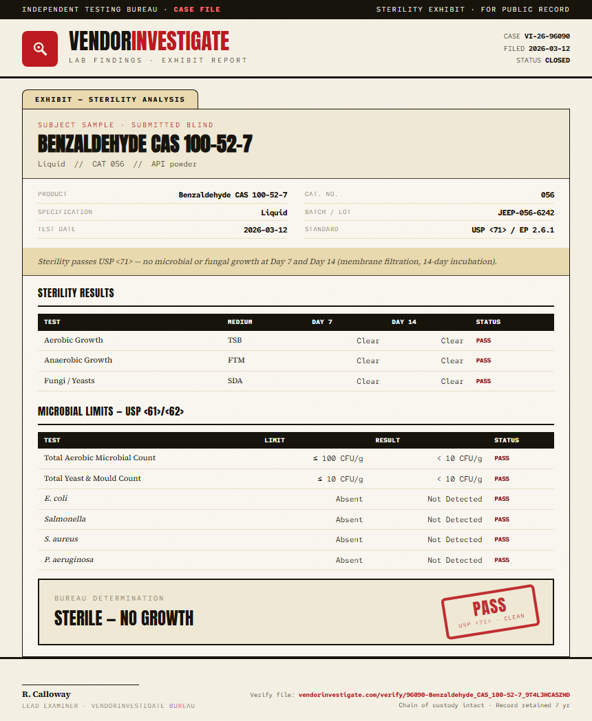 Benzaldehyde CAS 100-52-7 Sterility report by VendorInvestigate