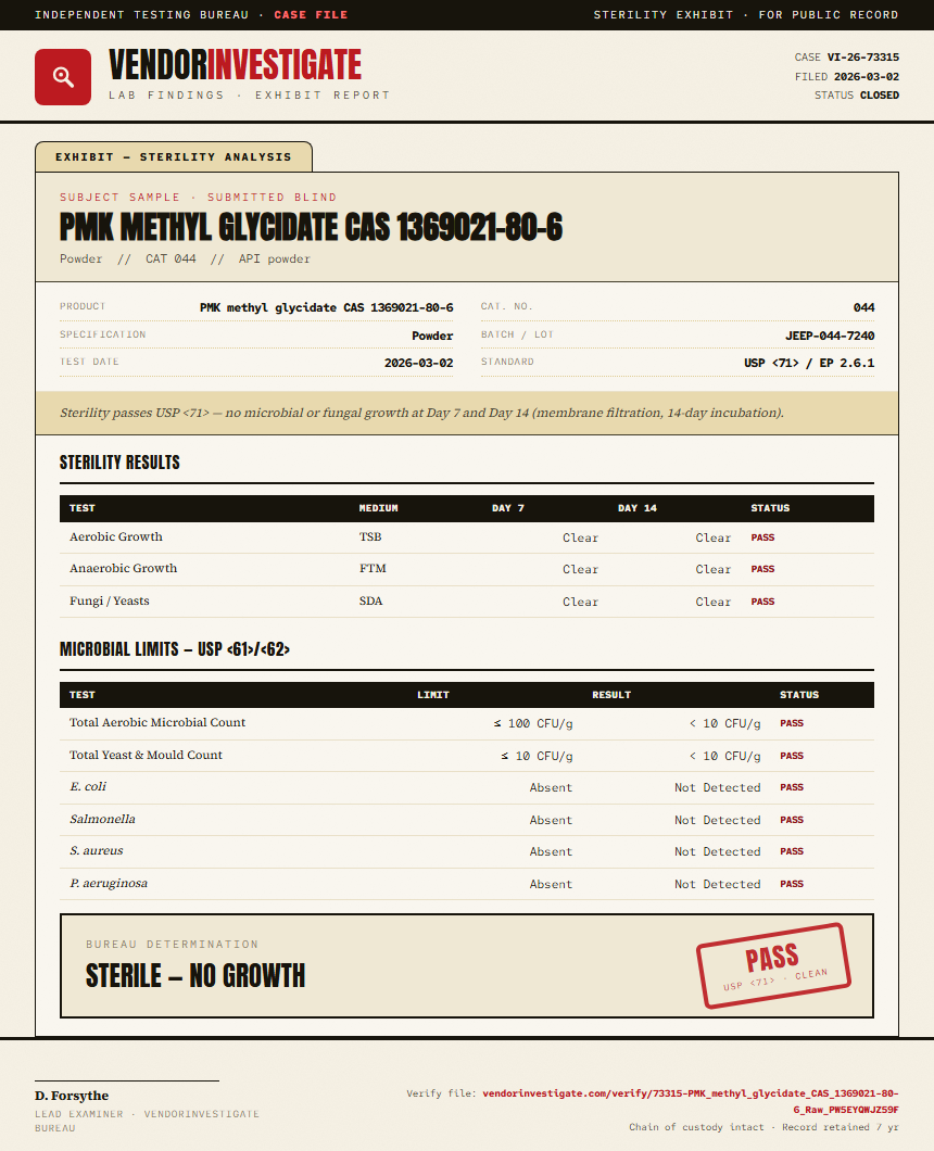 PMK methyl glycidate CAS 1369021-80-6 Sterility report by VendorInvestigate