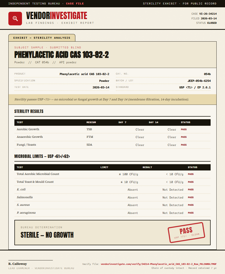 Phenylacetic acid CAS 103-82-2 Sterility report by VendorInvestigate
