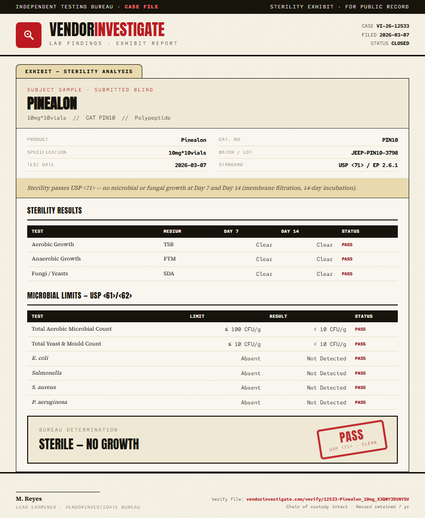 Pinealon Sterility report by VendorInvestigate